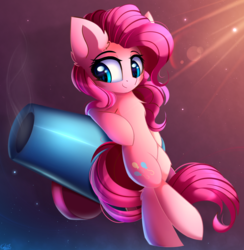 Size: 3420x3500 | Tagged: safe, artist:kaleido-art, pinkie pie, earth pony, pony, g4, bipedal, bipedal leaning, cute, diapinkes, female, high res, leaning, party cannon, solo
