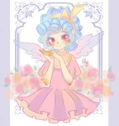 Size: 1115x1182 | Tagged: safe, artist:shimelody, cozy glow, human, g4, clothes, colored pupils, cozybetes, cute, dress, female, humanized, puffy sleeves, solo, winged humanization, wings