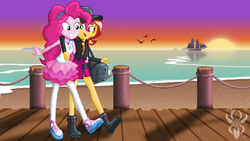 Size: 6830x3840 | Tagged: safe, artist:legendaryspider, pinkie pie, sunset shimmer, seagull, equestria girls, equestria girls series, g4, arm around neck, beach, boardwalk, boat, boots, cap, clothes, cutie mark, date, duffle bag, female, flanksy, geode of empathy, geode of sugar bombs, happy, hat, headband, jacket, leather, leather jacket, legs, lesbian, magical geodes, ocean, pantyhose, pier, pirate ship, planks, rope, sandals, ship, ship:sunsetpie, shipping, shoes, skirt, smiling, sunrise, water, watermark, wood