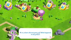 Size: 1280x720 | Tagged: safe, gameloft, screencap, spike, twilight sparkle, dragon, g4, game screencap, hot air balloon, male, speech bubble, tree, twinkling balloon, winged spike, wings