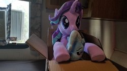 Size: 1200x675 | Tagged: safe, artist:nekokevin, starlight glimmer, trixie, pony, unicorn, series:nekokevin's glimmy, g4, box, duo, female, irl, mare, photo, plushie, pony in a box, raised hoof, size difference, smiling, underhoof
