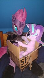 Size: 675x1200 | Tagged: safe, artist:nekokevin, starlight glimmer, tempest shadow, pony, unicorn, series:nekokevin's glimmy, g4, anthro plushie, armor, bed, box, broken horn, duo, eye scar, female, horn, irl, looking at each other, mare, photo, plushie, pony in a box, scar, size difference, smiling