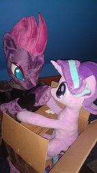 Size: 675x1200 | Tagged: safe, artist:nekokevin, starlight glimmer, pony, unicorn, series:nekokevin's glimmy, g4, anthro plushie, armor, bed, boop, box, broken horn, duo, female, horn, irl, mare, photo, plushie, pony in a box, scar, size difference, smiling