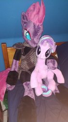 Size: 675x1200 | Tagged: safe, artist:nekokevin, starlight glimmer, tempest shadow, pony, unicorn, series:nekokevin's glimmy, g4, anthro plushie, armor, bed, broken horn, duo, eye scar, female, horn, hug, irl, looking at you, mare, photo, plushie, scar, size difference, smiling