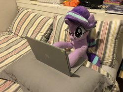 Size: 1200x900 | Tagged: safe, artist:nekokevin, starlight glimmer, pony, unicorn, series:nekokevin's glimmy, g4, adorkable, bed, bedsheets, computer, cute, dork, female, glasses, irl, laptop computer, mare, photo, pillow, plushie, raised hoof, solo