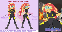 Size: 2424x1280 | Tagged: safe, artist:succubi samus, sunset shimmer, human, equestria girls, g4, arm behind head, ass, augmented, bodysuit, bunset shimmer, butt, clothes, confident, equestrian city, female, fiery shimmer, fire, front view, hand on hip, happy, jacket, leather jacket, leotard, looking back, low angle, multicolored hair, pose, pyrokinesis, rear view, reference sheet, serious, serious face, sexy, smiling, smugset shimmer, swiggity swooty, teal eyes, tomboy, yellow skin