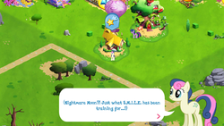 Size: 1280x720 | Tagged: safe, gameloft, screencap, bon bon, sweetie drops, twilight sparkle, earth pony, pony, g4, dialogue, female, game screencap, mare, speech bubble, tree