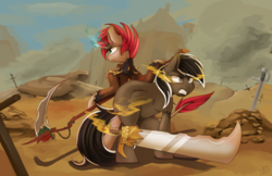 Size: 5100x3300 | Tagged: safe, artist:beardie, oc, oc only, busterblade, commission, female, flower, magic, male, mare, rose, scythe, stallion, sword, vine, weapon