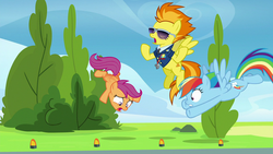 Size: 1920x1080 | Tagged: safe, screencap, rainbow dash, scootaloo, spitfire, pegasus, pony, g4, the washouts (episode), clothes, falling, female, filly, flying, foal, mare, shrug, spitfire's tie, sunglasses, trio, uniform, wonderbolts dress uniform