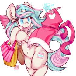 Size: 1280x1280 | Tagged: safe, artist:bbsartboutique, artist:ruef, oc, oc only, oc:mirabelle, pony, unicorn, belly button, bow, clothes, cute, dress, female, hair bow, magic, shopping, shopping bag, simple background, solo, transparent background