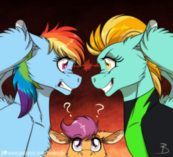 Size: 900x818 | Tagged: safe, artist:inuhoshi-to-darkpen, lightning dust, rainbow dash, scootaloo, pegasus, pony, g4, the washouts (episode), chest fluff, clothes, female, filly, looking at each other, mare, patreon, patreon logo, question mark, rivalry, rivals, rivals for life, uniform, washouts uniform