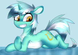 Size: 2636x1876 | Tagged: safe, artist:asherspray, lyra heartstrings, pony, unicorn, g4, chest fluff, female, mare, pale belly, prone, white belly
