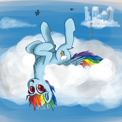 Size: 3000x3000 | Tagged: safe, artist:dosh, rainbow dash, pegasus, pony, g4, cloud, cloudsdale, female, high res, legs in air, looking at you, lying down, mare, on a cloud, on back, open mouth, sky, smiling, solo, upside down, wings