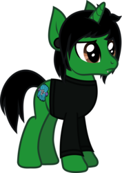 Size: 648x915 | Tagged: safe, artist:lightningbolt, derpibooru exclusive, pony, unicorn, g4, .svg available, black mane, black tail, brown eyes, clothes, ear piercing, elf ears, frown, full body, gauges, hooves, horn, long sleeves, male, pierce the veil, piercing, ponified, shirt, short mane, short tail, show accurate, simple background, solo, stallion, standing, svg, tail, three quarter view, tony perry, transparent background, vector