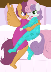 Size: 2337x3300 | Tagged: safe, artist:skyflys, scootaloo, sweetie belle, pegasus, unicorn, anthro, plantigrade anthro, g4, barefoot, bed, blushing, clothes, cute, feet, female, filly, footed sleeper, high res, lesbian, nightgown, one eye closed, open mouth, oversized clothes, oversized shirt, pajamas, scootalove, ship:scootabelle, shipping, shirt, smiling, snuggling