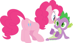 Size: 3575x2133 | Tagged: safe, artist:porygon2z, pinkie pie, spike, dragon, earth pony, pony, g4, balloonbutt, belly, butt, duo, female, high res, male, open mouth, plot, ship:pinkiespike, shipping, simple background, straight, transparent background, vector