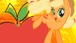 Size: 2560x1440 | Tagged: safe, applejack, earth pony, pony, g4, official, abstract background, apple, applejack month, female, food, mare, netflix, wallpaper