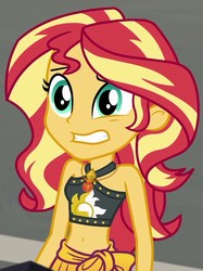 Size: 752x1003 | Tagged: safe, artist:artofmagicpoland, edit, edited screencap, editor:artofmagicpoland, screencap, sunset shimmer, equestria girls, equestria girls series, g4, x marks the spot, belly button, clothes, cringing, cropped, female, geode of empathy, magical geodes, sleeveless, solo focus, summer sunset, swimsuit