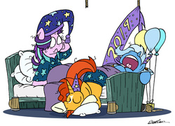 Size: 5498x3949 | Tagged: safe, artist:bobthedalek, starlight glimmer, sunburst, trixie, pony, unicorn, g4, balloon, banner, bed, bed mane, clothes, clothes swap, cup, face down ass up, hat, implied lesbian, implied sex, implied startrixburst, implied straight, implied threesome, morning after, nightcap, pajamas, party hat, party horn, sleeping, snoring, starlight's room, trixie's nightcap