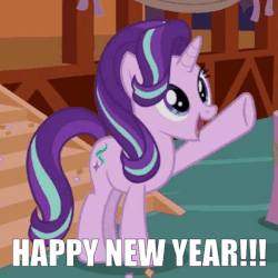 Size: 515x515 | Tagged: safe, edit, edited screencap, screencap, starlight glimmer, pony, unicorn, g4, the maud couple, animated, confetti, cute, female, gif, glimmerbetes, happy, looking up, mare, new year, open mouth, smile and wave, smiling, solo, stairs, text edit, underhoof, waving