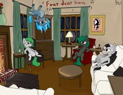 Size: 4500x3500 | Tagged: safe, artist:rosebush, oc, oc only, oc:arbor, oc:mevono, oc:minus, oc:nephele skye, hippogriff, pony, zebra, alcohol, chair, couch, curtains, drunk, fireplace, flower, ghost quartet, music notes, picture frame, potted plant, rose, singing, table, whiskey, window