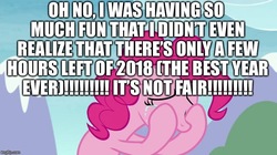 Size: 739x415 | Tagged: safe, edit, edited screencap, screencap, pinkie pie, earth pony, pony, g4, the maud couple, 2018, caption, crying, excessive exclamation marks, female, image macro, mare, mouthpiece, new years eve, solo, text
