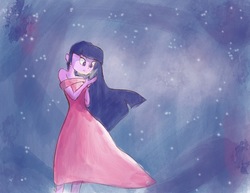 Size: 3300x2550 | Tagged: dead source, safe, artist:pettypop, twilight sparkle, equestria girls, g4, clothes, dress, female, high res, ipad, long hair, nebula, solo, traditional art, windswept mane