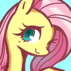 Size: 300x300 | Tagged: safe, artist:volvolvox, fluttershy, pony, g4, blue background, bust, colored pupils, cute, female, icon, portrait, shyabetes, signature, simple background, solo