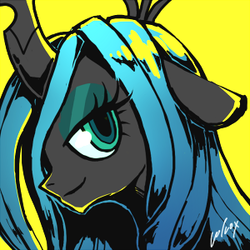 Size: 300x300 | Tagged: safe, artist:volvolvox, queen chrysalis, changeling, changeling queen, g4, bust, crown, cute, cutealis, female, floppy ears, head only, icon, jewelry, lidded eyes, portrait, regalia, signature, simple background, solo, yellow background