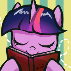 Size: 300x300 | Tagged: safe, artist:volvolvox, twilight sparkle, pony, unicorn, g4, book, bust, cute, eyes closed, female, hoof hold, horn, icon, mare, portrait, signature, solo, striped background, twiabetes