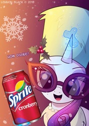 Size: 751x1063 | Tagged: safe, artist:lennonblack, edit, rarity, pony, unicorn, g4, bearskin, clothes, drink, female, food, glasses, glowing horn, gradient background, hat, holly, horn, jewelry, levitation, lidded eyes, magic, mare, necklace, open mouth, pearl necklace, product placement, smiling, snow, snowflake, solo, sprite (brand), sprite cranberry, telekinesis
