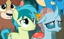 Size: 637x386 | Tagged: safe, screencap, gallus, ocellus, sandbar, yona, changedling, changeling, earth pony, griffon, pony, yak, g4, non-compete clause, cropped, cutie mark, female, male, offscreen character