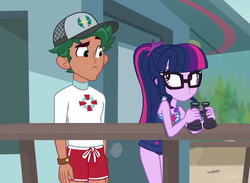 Size: 1478x1080 | Tagged: safe, screencap, sci-twi, timber spruce, twilight sparkle, equestria girls, equestria girls series, g4, unsolved selfie mysteries, baseball cap, binoculars, cap, clothes, geode of telekinesis, glasses, hat, lifeguard timber, magical geodes, ponytail, sci-twi swimsuit, shorts, sleeveless, swimsuit