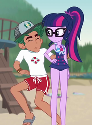 Size: 667x909 | Tagged: safe, screencap, sci-twi, timber spruce, twilight sparkle, equestria girls, equestria girls series, g4, unsolved selfie mysteries, clothes, cropped, eyes closed, feet, female, glasses, legs, lifeguard, lifeguard timber, male, male feet, one-piece swimsuit, ponytail, sandals, sci-twi swimsuit, shorts, sleeveless, swimsuit