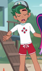 Size: 645x1079 | Tagged: safe, screencap, timber spruce, equestria girls, g4, my little pony equestria girls: better together, unsolved selfie mysteries, cap, clothes, cropped, eyes closed, hat, legs, lifeguard, lifeguard timber, scared, shorts