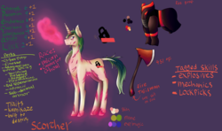 Size: 8194x4857 | Tagged: safe, artist:shirofluff, oc, oc only, oc:scorcher, cyborg, ghoul, pony, unicorn, fallout equestria, absurd resolution, canterlot ghoul, glowing hooves, pink cloud (fo:e), reference sheet, solo