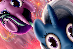 Size: 1280x854 | Tagged: safe, artist:everypone, starlight glimmer, trixie, pony, unicorn, g4, adoracreepy, creepy, cute, diatrixes, female, fireworks, glimmerbetes, happy, happy new year, holiday, looking at you, mare, new year, open mouth, smiling, stare, thousand yard stare, wide eyes