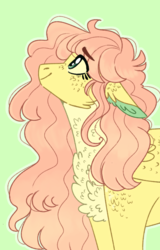 Size: 492x768 | Tagged: safe, artist:wanderingpegasus, fluttershy, pegasus, pony, g4, alternate design, bust, cheek fluff, chest fluff, colored ears, ear fluff, eye clipping through hair, female, floppy ears, fluffy, folded wings, looking up, mare, outline, profile, simple background, smiling, solo, wings
