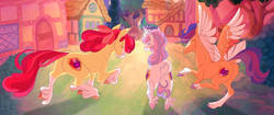 Size: 1381x578 | Tagged: safe, artist:thiscrispykat, apple bloom, scootaloo, sweetie belle, classical unicorn, earth pony, pegasus, pony, unicorn, g4, cloven hooves, cutie mark crusaders, horn, leonine tail, unshorn fetlocks