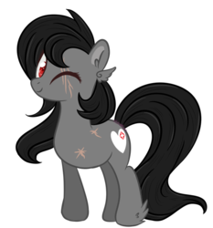 Size: 600x645 | Tagged: safe, artist:sinamuna, oc, oc only, oc:livestrong, pegasus, pony, au:equuis, amputee, base used, black hair, colored eyelashes, eye scar, feathered ears, feathered hooves, female, mare, one eye closed, red eyes, redesign, scar, simple background, smiling, solo, transparent background, updated design, wink
