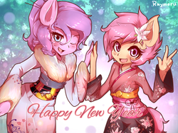 Size: 800x600 | Tagged: safe, artist:rhymeruru, artist:sagasshi, diamond tiara, scootaloo, earth pony, pegasus, anthro, g4, clothes, duo, duo female, female, flower, flower in hair, happy new year, holiday, kimono (clothing), peace sign
