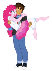 Size: 1039x1408 | Tagged: safe, artist:unoriginai, pinkie pie, oc, oc:copper plume, equestria girls, g4, my little pony equestria girls: better together, barefoot, blushing, bow, bridal carry, canon x oc, carrying, clothes, commission, commissioner:imperfectxiii, converse, copperpie, feet, female, freckles, glasses, male, neckerchief, pants, shirt, shoes, simple background, skirt, smiling, sneakers, stockings, straight, transparent background