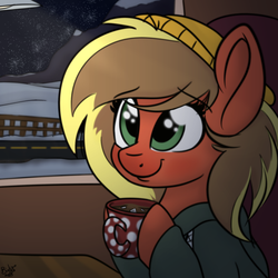 Size: 2000x2000 | Tagged: safe, artist:binkyt11, oc, oc only, oc:soda, oc:soda pop, earth pony, pony, beanie, blushing, chocolate, clothes, female, food, hat, high res, hoodie, hot chocolate, mare, medibang paint, mountain, mug, red nosed, restaurant, road, secret santa, snow, solo