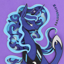Size: 2595x2595 | Tagged: safe, artist:jiuweidehuli, artist:maren, princess luna, alicorn, pony, g4, bust, female, high res, looking at you, mare, raised hoof, smiling, smirk, solo, traditional art