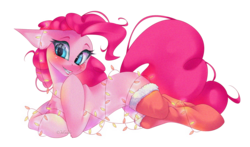 Size: 3408x2000 | Tagged: safe, artist:jun1313, pinkie pie, pony, g4, blushing, christmas, christmas lights, clothes, female, high res, holiday, missing cutie mark, simple background, socks, solo, stockings, thigh highs, transparent background