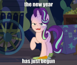 Size: 854x720 | Tagged: safe, edit, edited screencap, screencap, starlight glimmer, pony, unicorn, g4, road to friendship, animated, bags under eyes, caption, carrot, cropped, faic, female, food, gif, happy new year 2019, image macro, insanity face, laughing, madness, mare, raised hoof, solo, text, trixie's wagon
