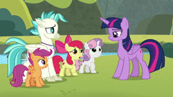 Size: 1280x720 | Tagged: safe, screencap, apple bloom, scootaloo, sweetie belle, terramar, twilight sparkle, alicorn, classical hippogriff, earth pony, hippogriff, pegasus, pony, unicorn, g4, surf and/or turf, animated, cutie mark crusaders, female, filly, foal, male, mare, sound, twilight sparkle (alicorn), webm