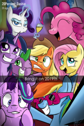 Size: 2016x3007 | Tagged: safe, artist:oinktweetstudios, applejack, fluttershy, pinkie pie, rainbow dash, rarity, spike, starlight glimmer, twilight sparkle, alicorn, dragon, earth pony, pony, unicorn, g4, 2019, applejack's hat, cowboy hat, cup, derp, drink, duckface, eyes closed, female, glasses, happy new year, happy new year 2019, hat, high res, holiday, looking at you, magic, male, mane seven, mane six, mare, one eye closed, open mouth, selfie, signature, silly, silly face, silly pony, smiling, telekinesis, wink