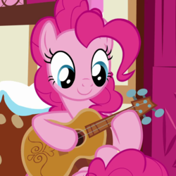 Size: 720x720 | Tagged: safe, screencap, pinkie pie, earth pony, pony, g4, honest apple, cropped, cute, diapinkes, female, guitar, looking down, mare, smiling, solo