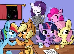 Size: 2250x1650 | Tagged: safe, artist:tjpones, applejack, fluttershy, pinkie pie, rainbow dash, rarity, twilight sparkle, alicorn, earth pony, pegasus, pony, unicorn, g4, 2019, applejack's hat, arm wrestling, bondage, chips, cowboy hat, cup, curtains, drink, duct tape, ear fluff, eyes closed, female, fireworks, food, happy new year, happy new year 2019, hat, holiday, hoofwrestle, looking at each other, mane six, mare, new year, open mouth, prank, soda, table, tape, twilight sparkle (alicorn)